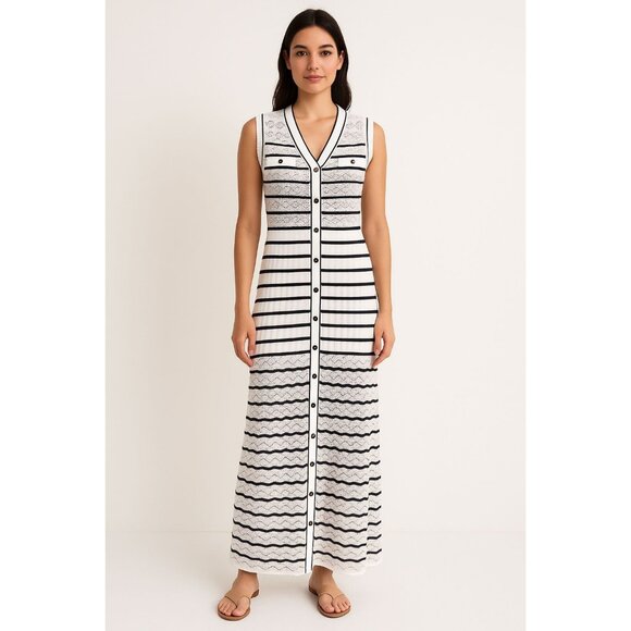 Elie Tahari Blue and White Striped Stretch Knit Maxi Dress Size Medium - Picture 1 of 7